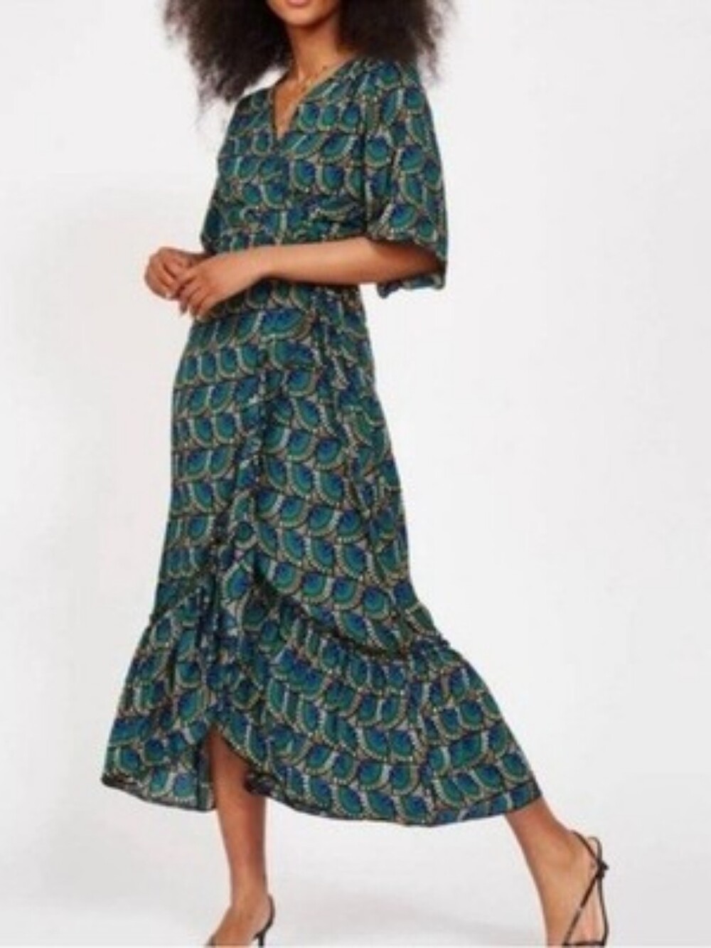 Silk & Salt NWOT Journey Maxi Midi Peacock Print Ruffle  Wrap Dress Size Small